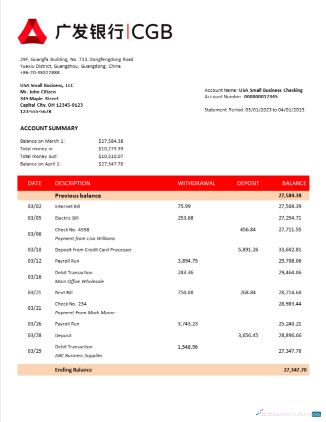 Download China Guangfa Bank company statement Word and PDF template Photoshop template
